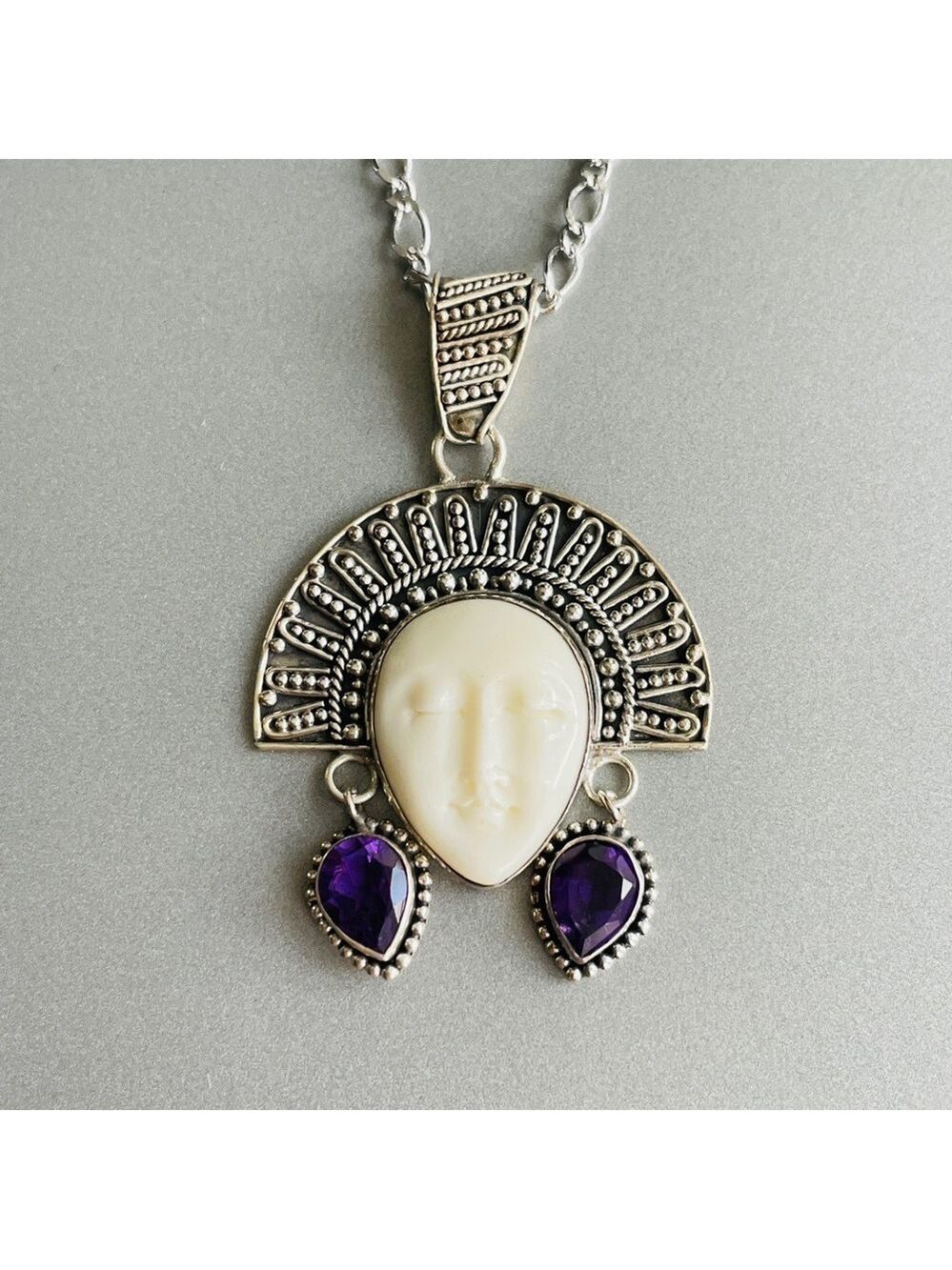 ARTISAN SUN GODDESS MOON FACE AMETHYST STERLING SILVER PENDANT SAJEN STY…